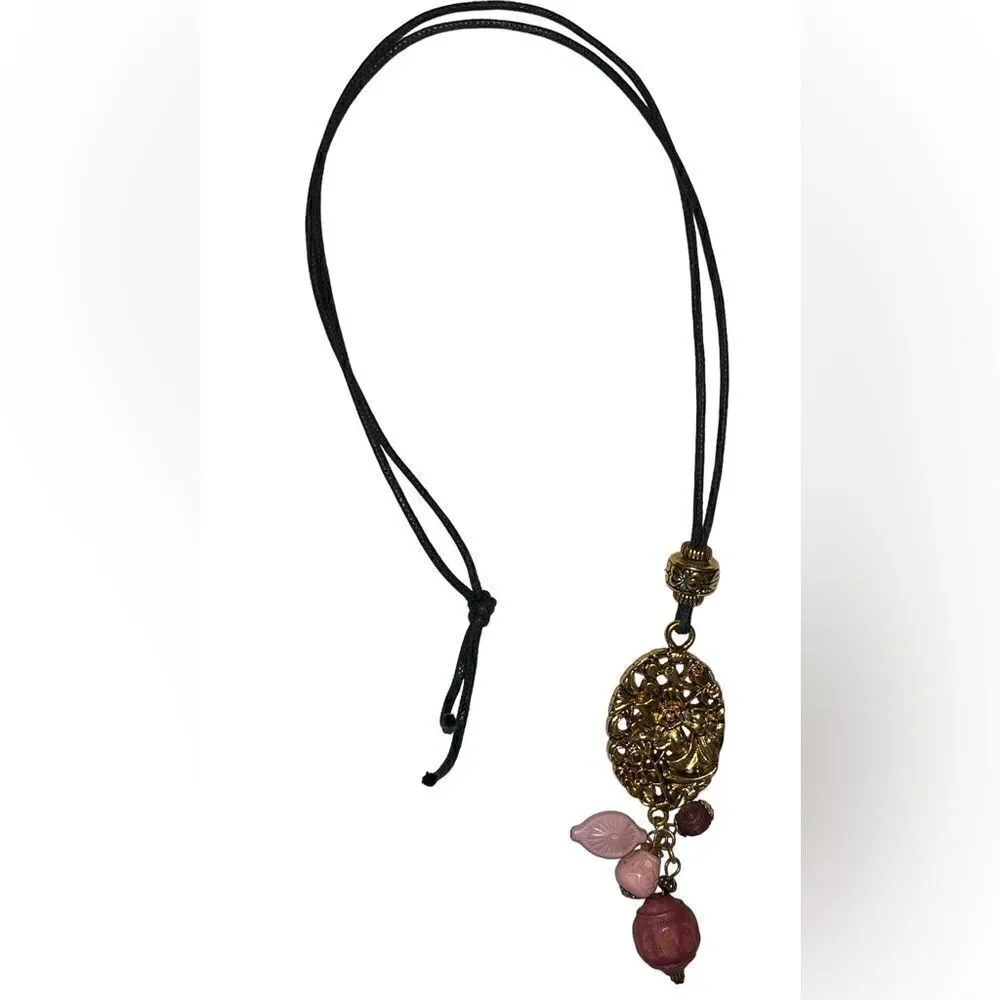 EIVIND HILLESTAD Marked EH Gold Plate Pendant Pink Bead Cord Necklace NORWAY